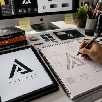 Creative workspace with logo design process